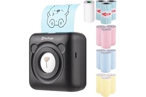 Bisofice Stampante fotografica A6, mini stampante termica tascabile, stampante portatile wireless BT per etichette per foto, memo per ricevute, con 12 rotoli di carta termica 57 x 30 mm, nero