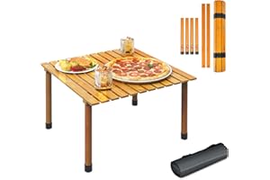 KOMFOTTEU Table de Camping en Bois Enroulable, Table de Pique-Nique Pliable avec Sac de Transport, Table Basse d'Extérieur pour Jardin, 69 x 69 x 42 cm, pour Camp, Balcon, Cour, Naturel
