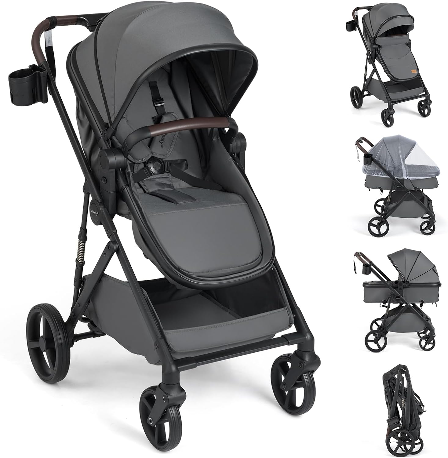 COSTWAY Silla de Paseo Bebe, 2 en 1 Cochecito de Bebe Plegable con Modo Capazo, Cochecito Convertible para Niños con Asiento Reversible, Capota y Respaldo Ajustables (Gris)