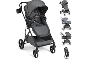 COSTWAY 3 in 1 Baby Stroller, Foldable Travel System Pram with Reversible Seat, Adjustable Canopy & Backrest, Mesh Net, Storage Basket, Lightweight Infant Newborn Pushchair for 0-36 Months (Grey)