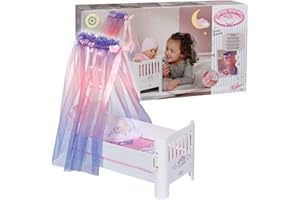 Baby Annabell, lit pour poupées Blanc, Baby Annabell Sweet Dreams Lit, lit pour poupées avec baldaquin, étoiles Lumineuses, Berceuse, Matelas, Couverture et Oreiller, 710302, Zapf Creation
