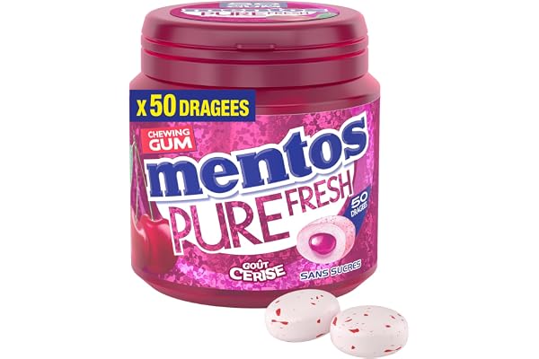 Mentos - Chewing-Gum Mentos Pure Fresh Cerise - Chewing-Gum Sans Sucres - Parfum Cerise Ultra Gourmand - Dure Longtemps - 1 Boîte de 50 Dragées