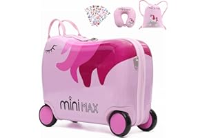 AEROLITE MiniMax 45x36x20cm 29L Kids Ride-On Suitcase 4PCS Set Inc Drawstring Bag, Neck Pillow & 50+ Personalisation Stickers, Easyjet Max Size Childrens Rolling Hand Cabin Luggage 45x36x20 (Unicorn)