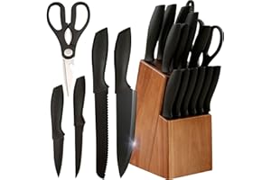CASSARY Set de couteaux de cuisine professionnel avec bloc couteaux 15 pièces (affûteur et ciseaux inclus). Ensemble couteaux cuisine avec bloc. Bloc avec set couteau cuisine professionnel. (Acacia)