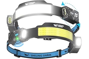 Smiling Shark Lampe Frontale, 2 Pièces Lampes Frontales LED Rechargeable Ultra Puissante avec 4 Faisceau Large & Spot Réglable Détecteur de Mouvement 2400 mAh 5 Modes pour Randonnée Pêche Camping
