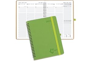 FASOOD Agenda 2024 Semainier A5, Agenda Journalier 12 Mois: Janvier 2024 à Décembre 2024, Agenda Scolaire Couverture en PU Cuir, Avec Passant pour Stylo, Vert