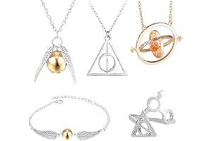 WKxinxuan Magic Collana Set, 5 Pezzi Giratempo Hermione, Magic Necklace Boccino e Bracciali D'oro Collana Time Turner Doni Della Morte Boccino Charm Bracelet per Fans Magici Cosplay Ciondolo