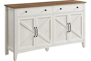 ‎VASAGLE VASAGLE Küchenschrank, Sideboard mit Schubladen, Aufbewahrungsschrank mit Türen, verstellbare Ablage, Landhausstil, für Wohnzimmer Küche Esszimmer, 40 x 140 x 80 cm, vintageweiß-honigbraun BBK381W02