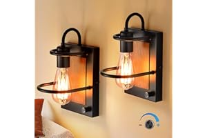 AOLALA Dimmable Wall Sconces Set of 2 with Switch, Industrial Matte Black Finish Sconces Wall Lighting Fixtures with Faux-Wood, Vintage Wall Lamp, Retro Vanity Lights for Bedroom Living Room Bathroom