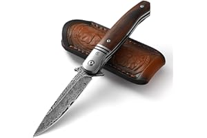 DRACHENADER Cuchillo CHEETAH DAMASCUS, Acero Damasco VG10 (67 Capas), Mango de Madera con Clip Portátil, Herramienta Manual Ideal para Camping, Aire Libre y Uso Diario