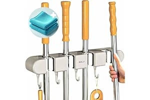 MAZZO-PROGRÈS Accroche Balai Mural – ADIEU LES TROUS, SANS PERÇAGE – 4 Supports + 5 Crochets Fixation solide IDÉAL pour l'Organisation du Garage & Outils du Jardin – Support Porte Balais pour un Rangement OPTIMAL