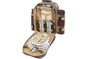 NOTRASH2003 Sac à dos de pique-nique pour 4 personnes, avec couverture de pique-nique, vaisselle en métal, planche à découper en bois, refroidisseur de bouteilles, salière, serviettes et couverts - Idéal pour