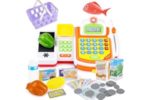 deAO Caja Registradora Juguetes con Escáner Electrónico y Calculadora, Juguete de Supermercado con Dinero, Comida y Canasta, Juego de rol Educativo Regalo para Niños Niñas 3 4 5 6 Años