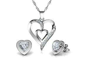 DEPHINI - Jewellery Set Heart Necklaces with stud Earrings - 925 sterling silver Double Hearts Pendant for Women - Cubic Zirconia - Rhodium Plated