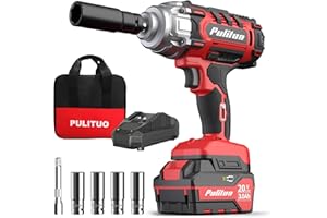 PULITUO 1/2" Avvitatore a Impulsi,Elevata Avvitatori a Massa Battente con Coppia 450Nm(375Ft-Lbs),Avvitatore ad Impulsi con 3000mAh Batteria,5-velocità,4-Bussola, 1 Ore Caricabatterie Veloce