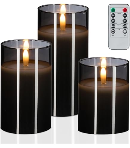 Eldnacele Gouden glazen vlamloze flikkerende kaarsen met afstandsbediening, bewegende lont, werkt op batterijen, realistische warme lichtkaars met timer, set van 3 (dikte 7,5 cm x hoogte 10/12/15 cm