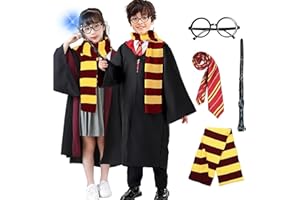FORFAMY Disfraz de Mago College Cosplay, Halloween Cosplay Disfraz Accesorios Set Túnica Negra Capa, Varita Mágica, Corbata, Bufanda, Gafas, Disfraz Mago para Niños Adultos Fiesta Halloween
