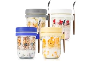 BEWAVE Overnight Oats Jars, 12oz Overnight Oats Container with Lid and Spoon, Glass Mason Jar for Cereal, Milk, Vegetable and Fruit Salad Storage, 4 Pack