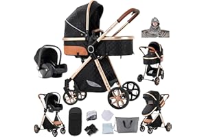 Veitoalioy Poussette 3 en 1, Haute vue Poussette Bebe Pliante, Poussant Avant Et Arrière En aluminium, Système De Voyage Pour Bébé (V9 Black)