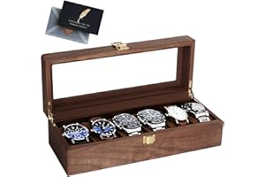 BBWELL Porta Orologi a 6 Posti,Scatola Portaorologi,Scatola per Orologi in Legno con Coperchio in Vetro,Fodera Morbida,Cuscini Rimovibili,Chiusura in Metallo,Scatola Porta Orologi Uomo e Donna