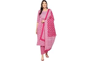 INDACORIFY Indischer bedruckter Baumwoll-Kurti, schönes Blumendruck-Freizeitkleid mit Hose, Dupatta-Set für Damen- und Mädchenanzug