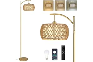 Rayofly Gold Lampadaire Salon, Lampadaire en Rotin à Intensité Variable avec Télécommande, Contrôle App, Lampadaire avec Abat-jour en Rotin, Lampadaire Boho pour Chambre, Bureau (ampoule incluse)