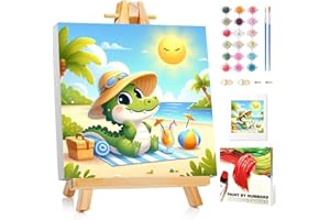 Mafenr Art Peinture Numero Enfant, Crocodile Peinture par Numero Enfant, Crocodile Paint by Numbers pour Décoration et Cadeaux, Avec Cadre et Chevalet 20x20cm