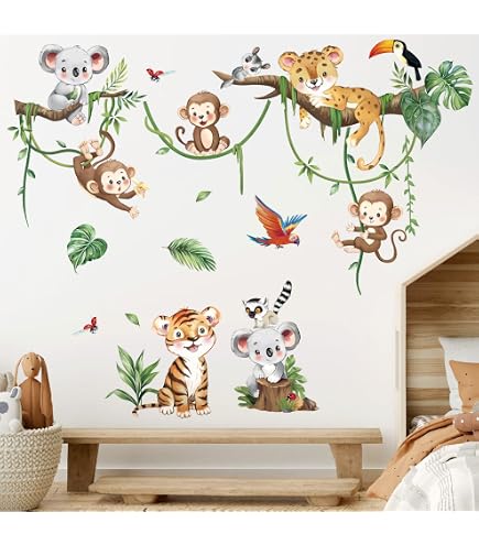 Stickers Muraux Animaux De La Jungle - Arbre Avec Singe Lion Zèbre - Décoration Chambre Enfants Bébé Pépinière Wondever