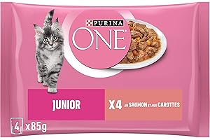 Purina ONE Bifensis Comida Húmeda para Gatito, Junior, bebé, de hasta 1 año con Salmón y Zanahorias, 4 Sobres de 85g