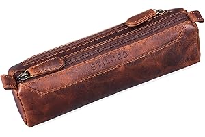 STILORD Jim Vintage Euti piórnik skórzany 2 przegródki, okrągły piórnik, duży piórnik dla mężczyzn i kobiet, z prawdziwej skóry, Kara - Koniak, M, Retro