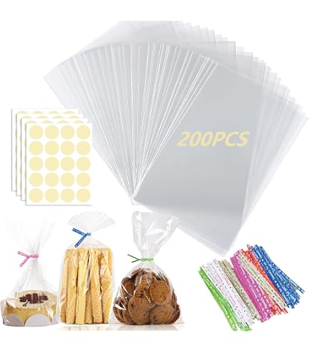 200 Sachets Plastique Transparents 14x20cm Avec Liens Dor√©s - Pour Bonbons, Biscuits, Cadeaux Et Mariages - 5