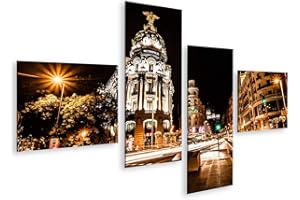 islandburner, Cuadros de Salon Tráfico de Calles en la Noche en Madrid, España (Imagen HDR) Cuadro Decoracion de Pared Impresión en Lienzo Formato Grande Modernos OPN-4LP-N