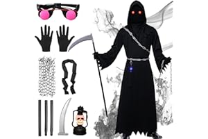 Amycute Grim Reaper Costume Kids Adults Halloween Fancy Dress Costume, Grim Reaper Outfit Scary Reaper Costume Unisex