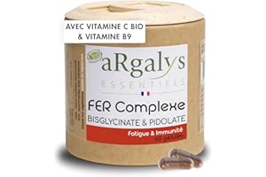 Fer Bisglycinate 14 mg + Vitamine C Bio, Haute Absorption, Sans Troubles Digestifs avec vitamine B9, 60 gélules vegan (2 mois), 100% des besoins, Anti-fatigue + Energie, Argalys