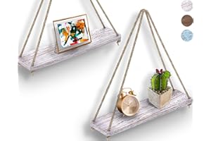 COMFIFY Rustic Set of 2 Wooden Floating Shelves with String – Farmhouse Hanging Shelves for Living Room Wall – Small Kitchen Shelves with Rope – 17”x5.2” – Distressed, Rustic White Color