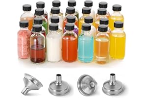 DIDITIME Kleine transparente Glasflaschen mit Deckel und 4 Trichtern – 60 ml Boston runde Probenflaschen für Trank, Saft, Ingwer, Shots, Öle, Whiskey, Wellness-Shots, Mini-Reiseflaschen, 24 Stück