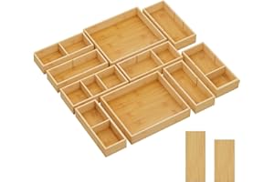 Lifewit 10er-Set Schubladen Organizer mit 6 Einsätzen, Verstellbare Aufbewahrungsbox mit 11 Fächern, Schubladenteiler aus Holz für Küchenutensilien, Schminktisch organizer, Make-up, Büro, Badezimmer