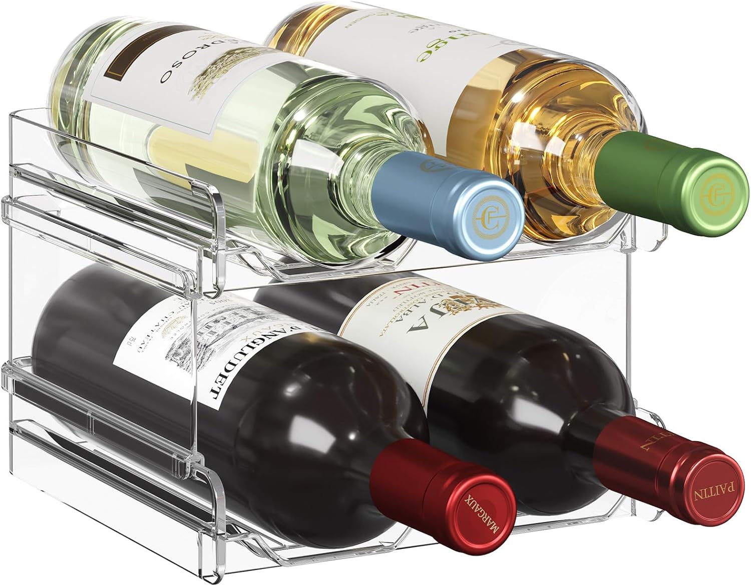 Lifewit Botellero apilable de plástico para Nevera, Armario, encimera, Soporte para Botellas de Vino, Organizador de Botellas de Agua para Nevera, despensa, Capacidad para 4 Botellas,Transparente