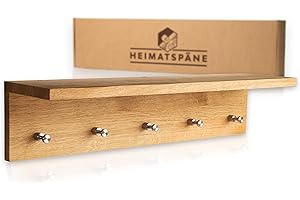 Heimatspäne Garderobenleiste mit Ablage 60cm [echtes Eichenholz] Wandgarderobe mit 5 Haken und Hutablage - Hakenleiste Holz mit hochwertigen Edelstahlhaken in echter Handarbeit gefertigt