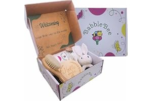 BABBLEBEE Canastilla Bebe Recién Nacido Set Regalo Muselina Bambú Algodón Sujeta Chupetes Sonajero Madera Peine Cerdas Naturales Tarjeta Datos Presentación Premium Baby Shower Niño Niña