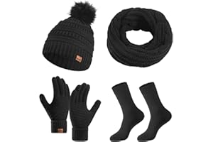 BAYNETIN Conjunto de Bufanda Gorro de Punto y Guantes Calcetines,Pantalla Táctil Lana Guantes,Suaves Calcetines, Pompón Bufanda, Estilo Beanie Gorro, Invierno Regalos Conjunto 4 in 1 para Mujer