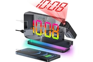 SZELAM Projection Alarm Clock, 7.4 IN Digital Mirror Clocks,with 180° Rotatable Projector, RGB Night Light,USB C Charger Port, Auto Dimmer, LED Desk Clock for Bedroom - Black