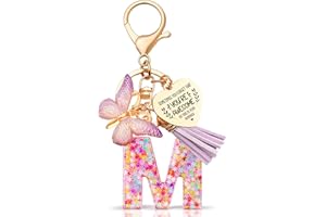 Anruzon Initial Letter Keychain, Women Tassel Butterfly Pendant Pink Purple Cute Car Keyrin, Purple and Gold Resin Alphabet Key Ring for Wallet, Personalised Keyring
