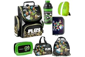 GOLDKIDS Schulranzen Set Jungen 1. klasse 7-teilig Ranzen Tornister Schulrucksack Federmappe Turnbeutel Turnsack Brotdose Trinkflasche Sporttasche Regenschutz Game Pixel Motiv mäppchen