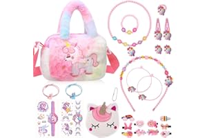ViEinkaufen 26 Pcs Unicorn Kids Jewellery Set for Girls, Unicorn Plush Bag, Purse, Headband, Hair Rope & Clips, Necklace, Bracelet, Earrings, Ring, Stickers for Age 3-7 Girls Jewellery Accessories