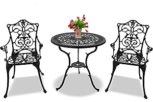Centurion Supports TABREEZ Garden & Patio Table & 2 Large Chairs with Armrests Cast Aluminium Bistro Set - Black