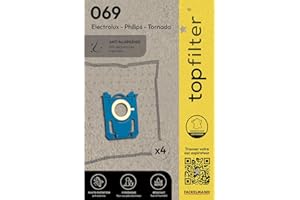 TOP FILTER 64069 Lot de 4 sacs aspirateur Philips Tornado Electrolux, sac aspirateur Philips, sac aspirateur Electrolux, poche aspirateur, Non tissé polypropylène, Plastique, Caoutchouc, 30 x 26 cm