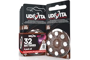 32 Hearing Aid Batteries Size 312 Udivita (Brown) PR41 Zinc-Air with Phono Pulse Technology - 4 Blisters of 8 Batteries