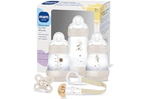 MAM Easy Start Anti-Colic Welcome Set, Baby Erstausstattung mit 3 Anti-Colic Flaschen, Schnuller und Schnullerband, Baby Geschenk Set, ab der Geburt, beige
