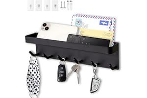 Echehi 6 Portachiavi da Muro a Gancio con Ripiano, Porta Chiavi da Parete Multifunzionale in Metallo Antiruggine Autoadesivo Adatto per Ingresso, Cucina, Ufficio, Bagno e Soggiorno, Nero